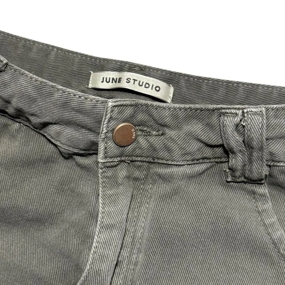 June Studio Y2K Olive Washed Denim Micro Mini Skirt Low Rise Utility Washed
